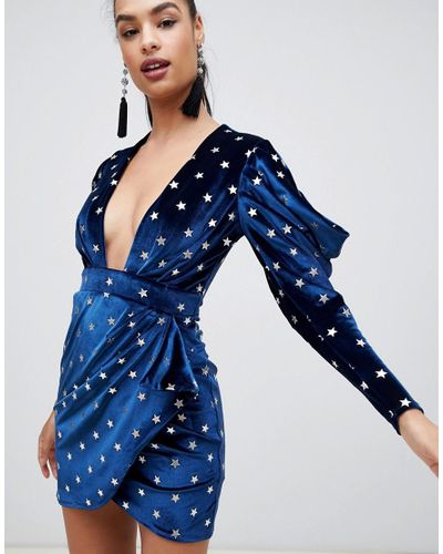 ASOS Star Printed Velvet Mini Dress in Navy (Blue) - Lyst