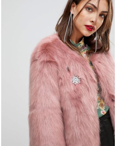 Mango Denim Oversized Faux Fur Coat In, Mango Pink Fur Coat Womens