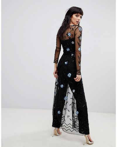 Frock and Frill Synthetic Allover Embellished Maxi Cape Jumpsuit In Black -  Lyst