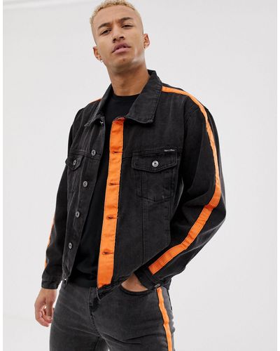 Liquor N Poker Denim Jacket With Orange Stripe in Black for Men - Lyst