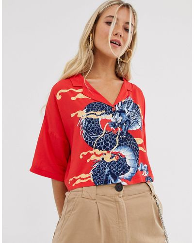 Bershka Denim Dragon Print Shirt in Red - Lyst