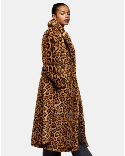 TOPSHOP Belted Faux Fur Coat in Brown - Lyst