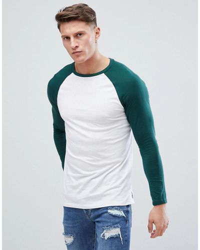 Bershka Denim Raglan Baseball Long Sleeves T-shirt In Green in White for  Men | Lyst