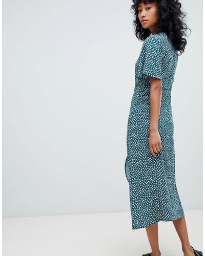 Pull&Bear Denim Button Front Printed Dress in Green - Lyst
