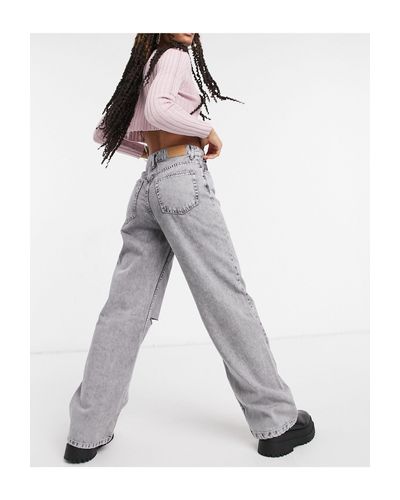 Bershka Denim Wide Leg 90's Jean With Knee Rip in Grey (Gray) | Lyst
