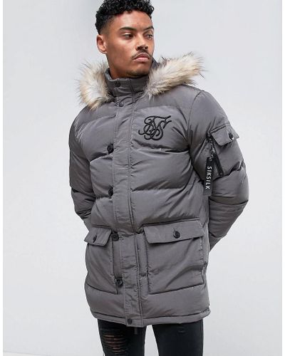 SIKSILK Synthetic Puffer Parka In Grey With Faux Fur Hood in Gray for Men -  Lyst