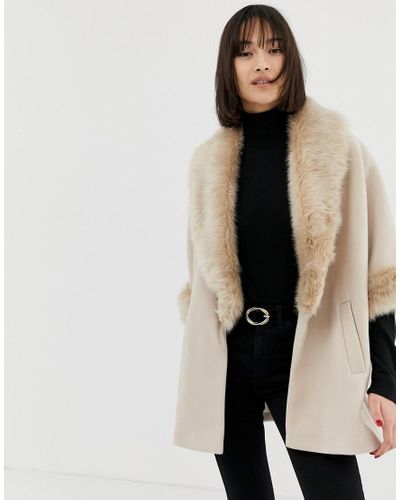 Swing Coat With Faux Fur Collar, River Island Wrap Coat With Faux Fur Collar And Cuffs In Pink
