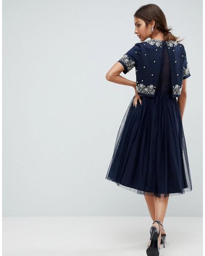 asos embellished cluster crop top tulle midi dress