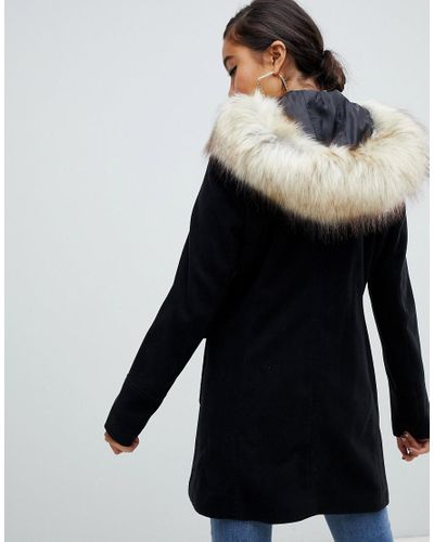 Miss Selfridge Silk Duffle Coat With, Miss Selfridge Faux Fur Trim Duffle Coat In Black