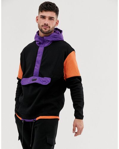 Bershka Denim Colour Block Hoodie With Front Pocket in Black for Men - Lyst