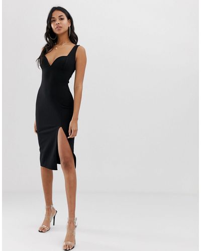 Vestito midi nero con profondo scollo a cuore e spacco lateraleBoohoo in  Denim di colore Nero | Lyst