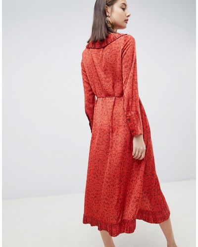 Mango Denim Snake Print Wrap Dress With Pleat Detail in Red | Lyst