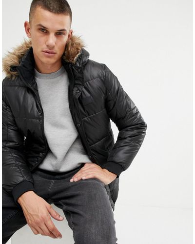 Jack & Jones Denim Core Puffer Jacket With Faux Fur Hood in Black for Men -  Lyst