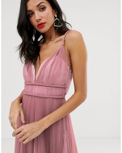 ASOS Asos Design Tall Pleated Tulle Midi Dress With Twist Detail in Pink -  Lyst
