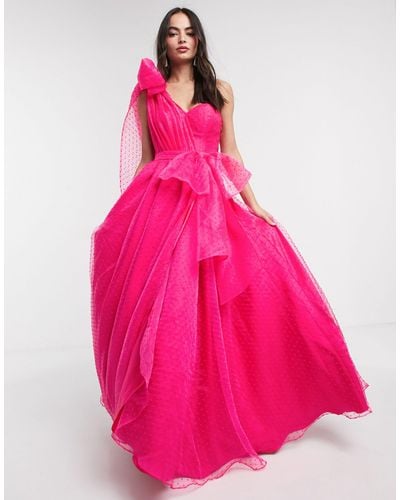 Vestito lungo da prom a ruota monospalla fucsia con fiocco  rimovibileBariano in Materiale sintetico di colore Rosa | Lyst
