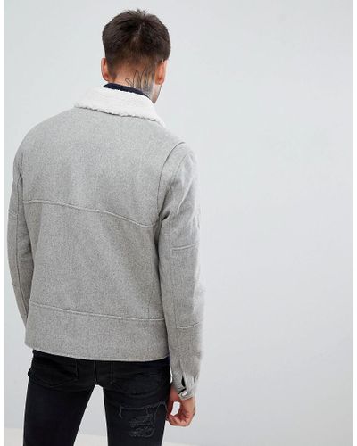 New Look Wool Aviator Jacket With Borg Collar In Grey in Gray for Men - Lyst