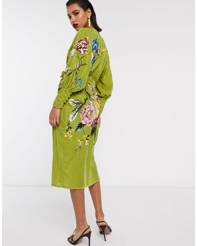 ASOS Embroidered Velvet Wrap Midi Dress ...