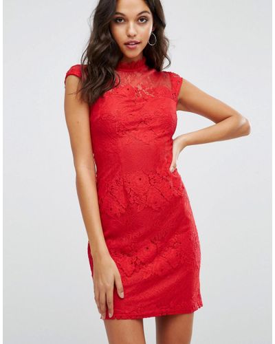 Lipsy Lace High Neck Bodycon Dress in Red - Lyst