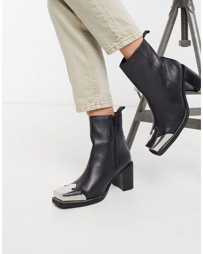 TOPSHOP Leather Heeled Western Boots With Metal Toe Cap in Black - Lyst