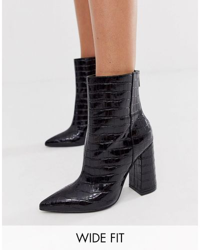 London Rebel Wide Fit Pointed Block Heeled Boot in Black - Lyst