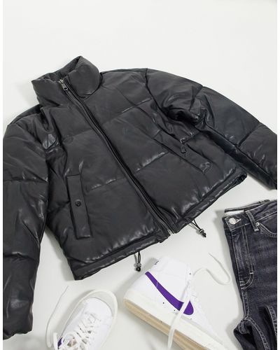 pull&bear faux leather padded puffer jacket in black