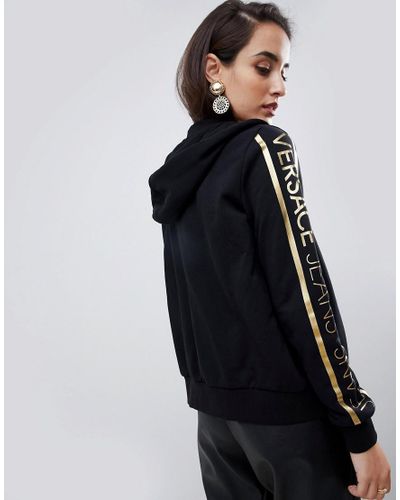 Versace Jeans Couture Denim Metallic Logo Zip Through Hoodie With Chain  Detail Co-ord in Black - Lyst