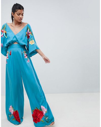 ASOS Denim Embroidered Kimono Jumpsuit in Blue - Lyst