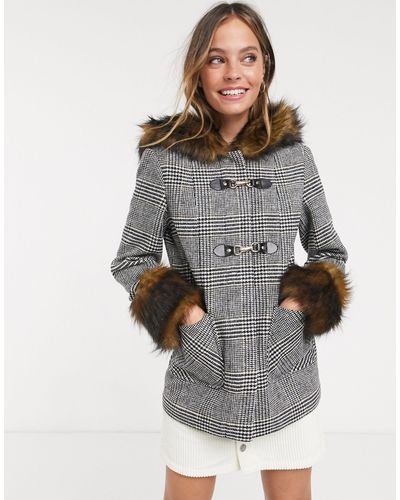 Miss Selfridge Wool Petite Grey Check, Miss Selfridge Faux Fur Trim Duffle Coat In Black