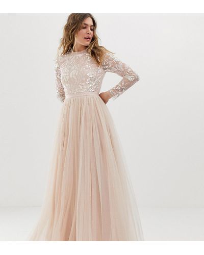 needle & thread embroidered tulle maxi dress with cap sleeve in rose