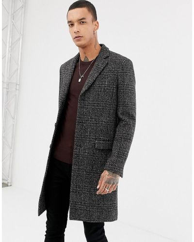AllSaints Denim Wool Overcoat In Charcoal Check in Black for Men - Lyst