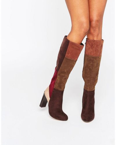 patchwork knee high boots