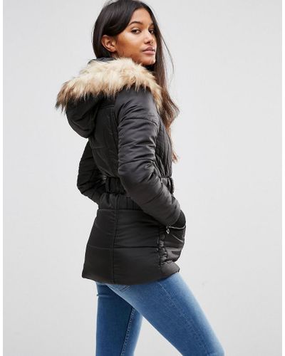 Lipsy Synthetic Michelle Keegan Loves Quilted Coat With Faux Fur Hood in  Black - Lyst