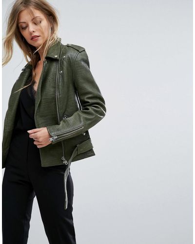 Y.A.S Croc Leather Jacket in Green - Lyst