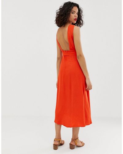 Vero Moda Cotton High Neck Tie Waist Maxi Dress in Orange - Lyst
