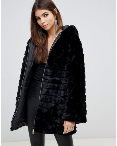 Lipsy Synthetic Reversible Faux Fur, Reversible Faux Fur Hooded Coat In Black