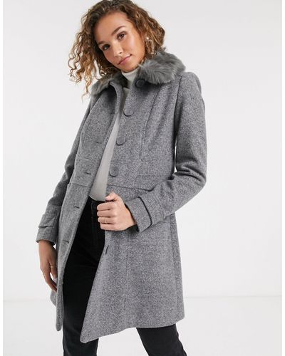 Oasis Coat With Faux Fur Collar In Grey, Oasis Faux Fur Coat Grey