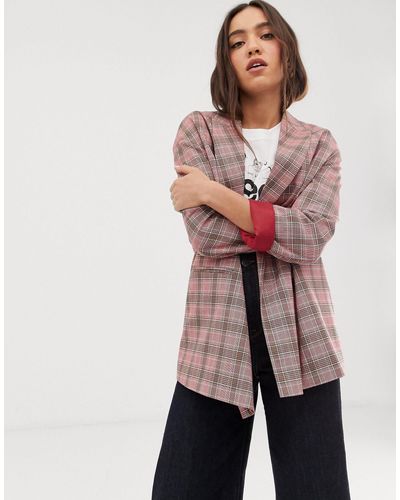 Stradivarius Denim Check Blazer in Pink | Lyst