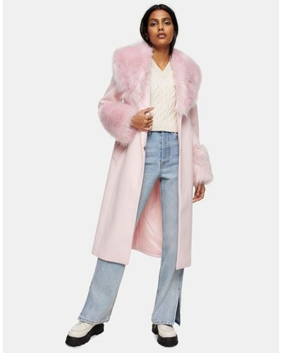 Top Faux Fur Trim Coat In Pink, Faux Fur Trim Coat Pink