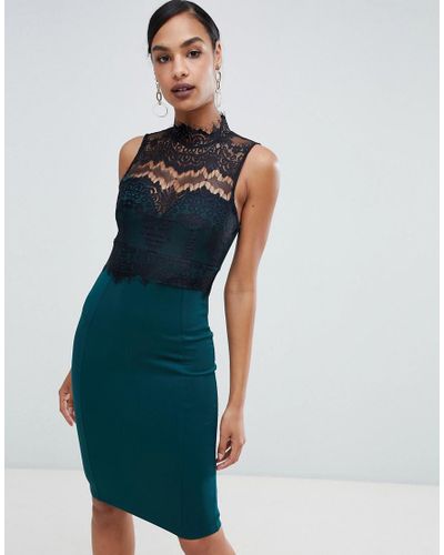 Lipsy High Neck Lace Pencil Dress in Green - Lyst