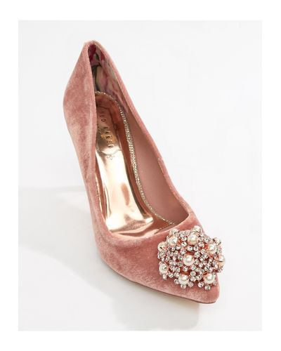 Ted Baker Pink Velvet Embellished Heeled Court Shoes - Lyst