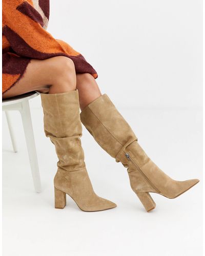 Bershka Faux Suede Slouch Knee High Boots in Beige (Natural) | Lyst
