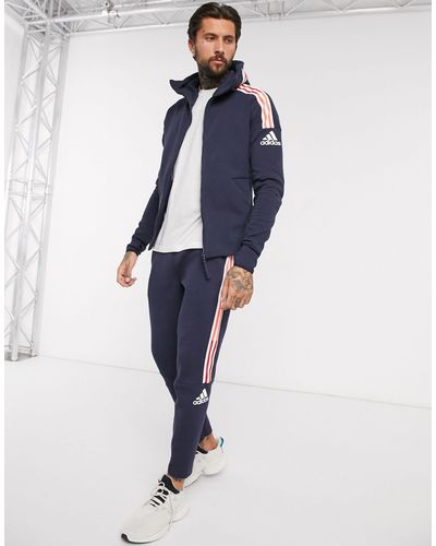 adidas Originals Cotton Adidas Zne 3 Stripe Zip Thru Hoodie in Navy (Blue)  for Men - Lyst