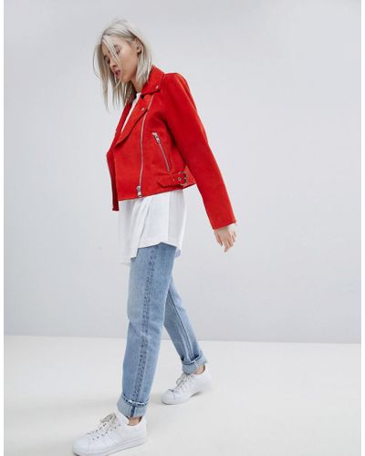 red suedette biker jacket