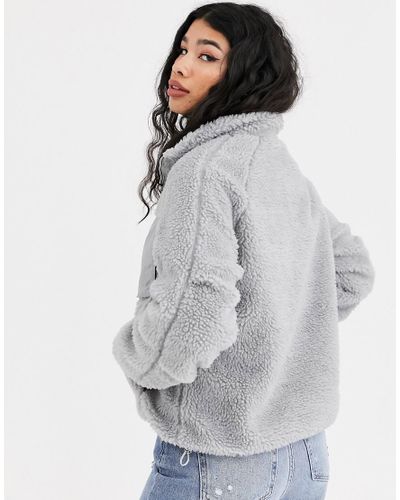 Bershka Zip Up Teddy Fleece Jacket in Gray | Lyst
