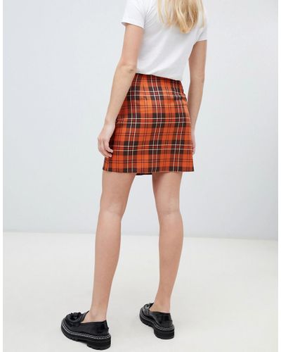 New Look Denim Mini Skirt In Plaid Check in Orange | Lyst