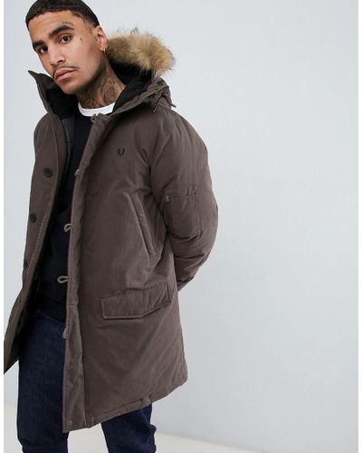 Fred Perry Canvas Padded Down Snorkel Parka Jacket With Faux Fur Trim In  Dark Green for Men - Lyst