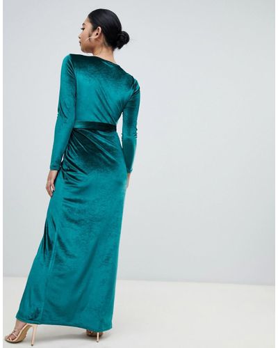 Boohoo Exclusive Petite Velvet Wrap Maxi Dress In Green - Lyst