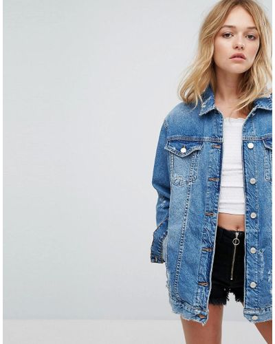 Pull\u0026Bear Longline Denim Jacket in Blue | Lyst