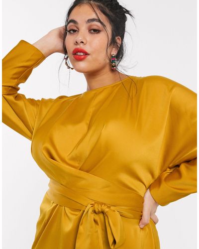 ASOS Asos Design Curve Satin Maxi Dress With Batwing Sleeve And Wrap Waist  in Yellow | Lyst UK