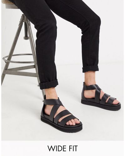 ASOS Leather Wide Fit Gladiator Sandals in Black for Men - Lyst